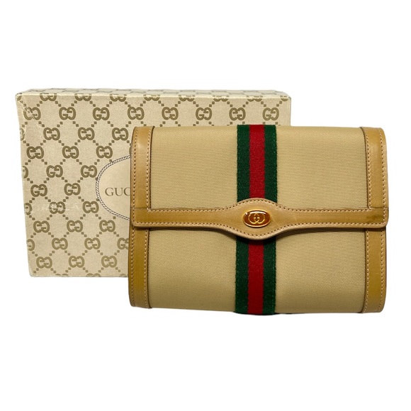 Gucci Handbags - Vintage Gucci Classic Signature Red & Green Web Designer Logo Clutch w/ Box